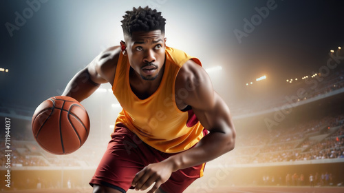 A action shot of basketball player in mid-dribble, intense focus in their eyes, muscles tensed, capturing the energy and agility of the sport, vibrant and lively stadium background