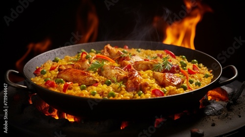 A low-angle shot showcasing the golden crust on the bottom of a perfectly cooked Chicken Paella, with steam rising from the flavorful dish