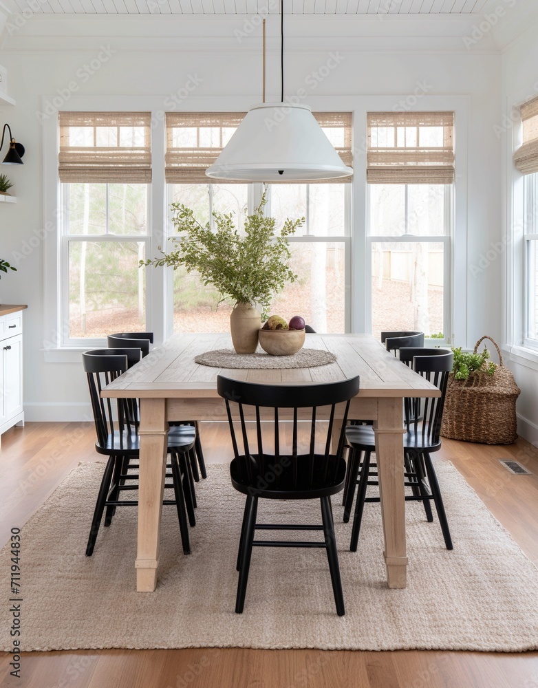 Black spindle chairs with a wood table in a bright dining room Black spindle chairs with a wood table in a bright dining room