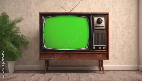 Vintage television with a green screen. photo