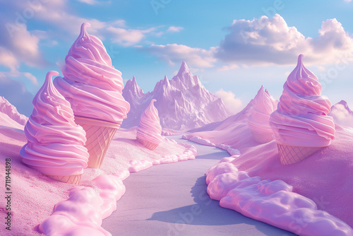 3d neon landscape art in the desert in candy style and roadside ice creams.