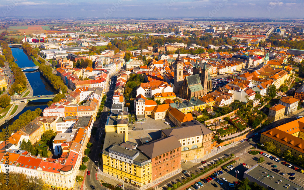 Scenic view from drone of Hradec Kralove cityscape overlooking White tower and Cathedral of Holy Spirit on autumn day, Czech Republic..