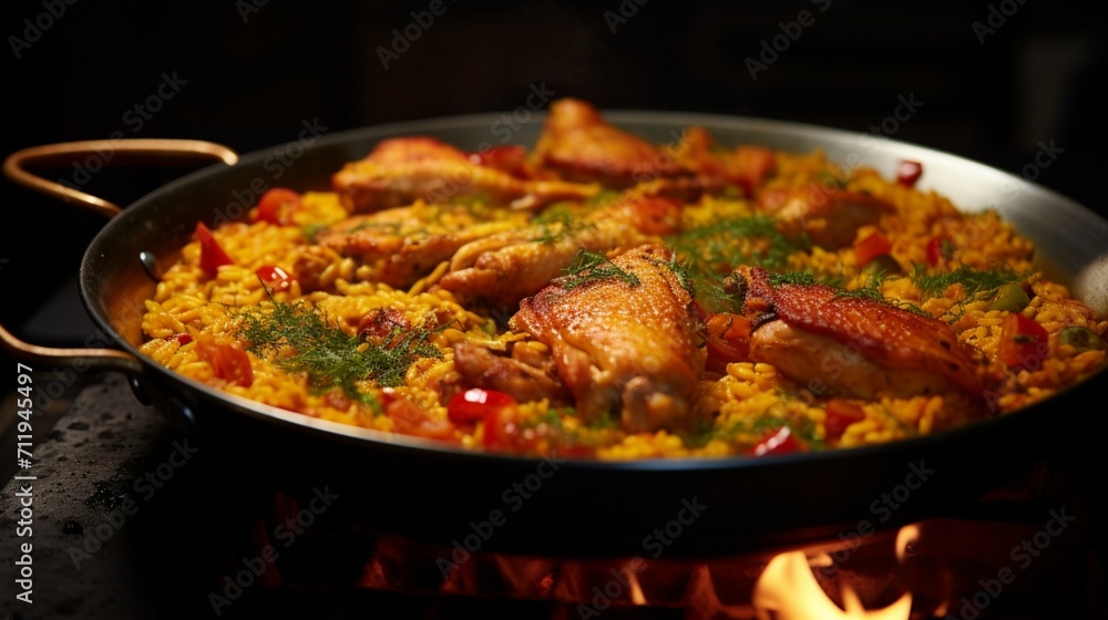 A low-angle shot showcasing the golden crust on the bottom of a perfectly cooked Chicken Paella, with steam rising from the flavorful dish