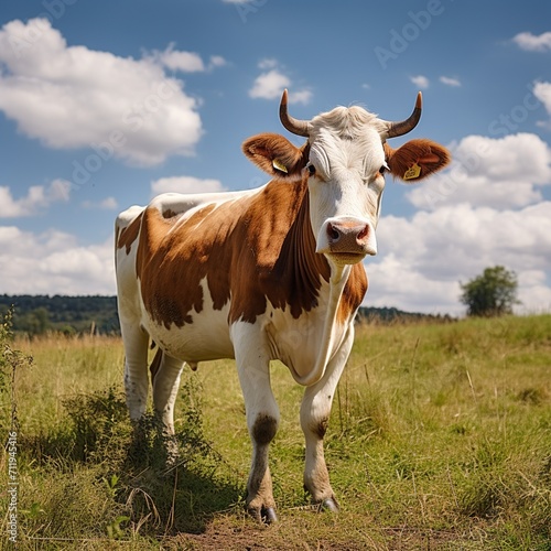 Holstein cow standing in a green field looking at the camera