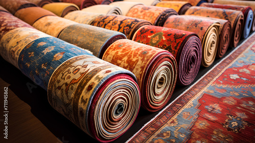 Oriental rugs rolled into rolls.Traditional oriental carpets. photo