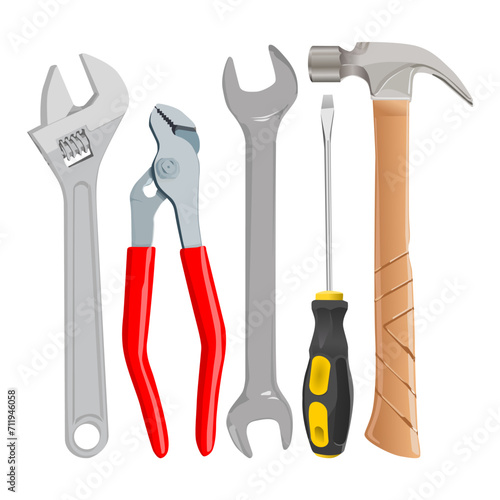Wallpaper Mural Realistic set of tools of master mechanic or plumber illustration isolated on white background. vector illustration of a wrench, adjustable wrench, screwdriver, plier wrench, and hammer. Torontodigital.ca
