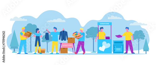 Volunteers donating clothes and books at a charity donation stand. People give away items to help the needy. Generosity and community support vector illustration.