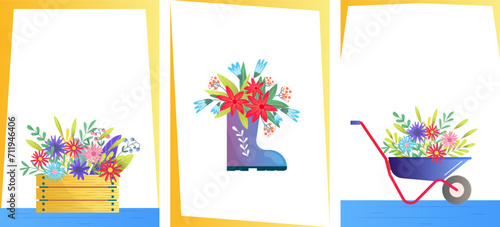 Spring flowers in wooden box, colorful boot vase, wheelbarrow with plants. Garden decor and springtime concept vector illustration.