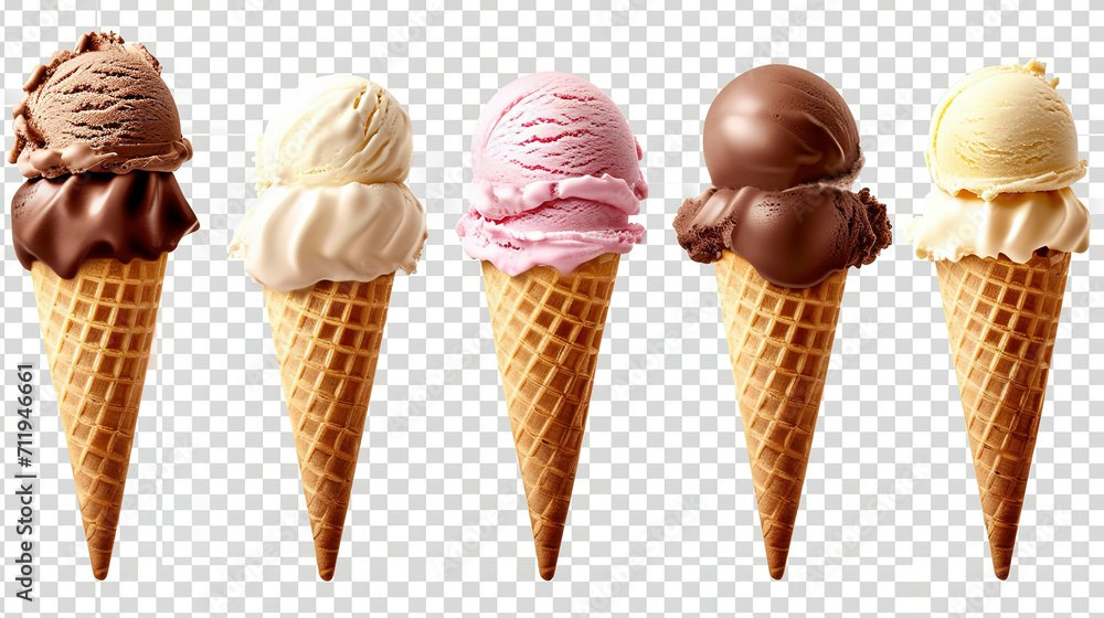 Ice cream scoop on waffle cone on transparent background cutout, PNG file. Many assorted different flavour Mockup template for artwork design Ice cream scoop on waffle cone on transparent background cutout, PNG file. Many assorted different flavour Mockup template for artwork design