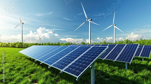 Lush green field with modern solar panels and wind turbines under a clear blue sky, symbolizing clean energy solutions.