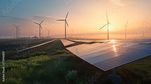 Early morning sunrise illuminating a vast field of solar panels and wind turbines in a rural setting, depicting renewable energy growth.