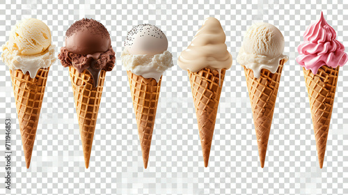 Ice cream scoop on waffle cone on transparent background cutout, PNG file. Many assorted different flavour Mockup template for artwork design photo