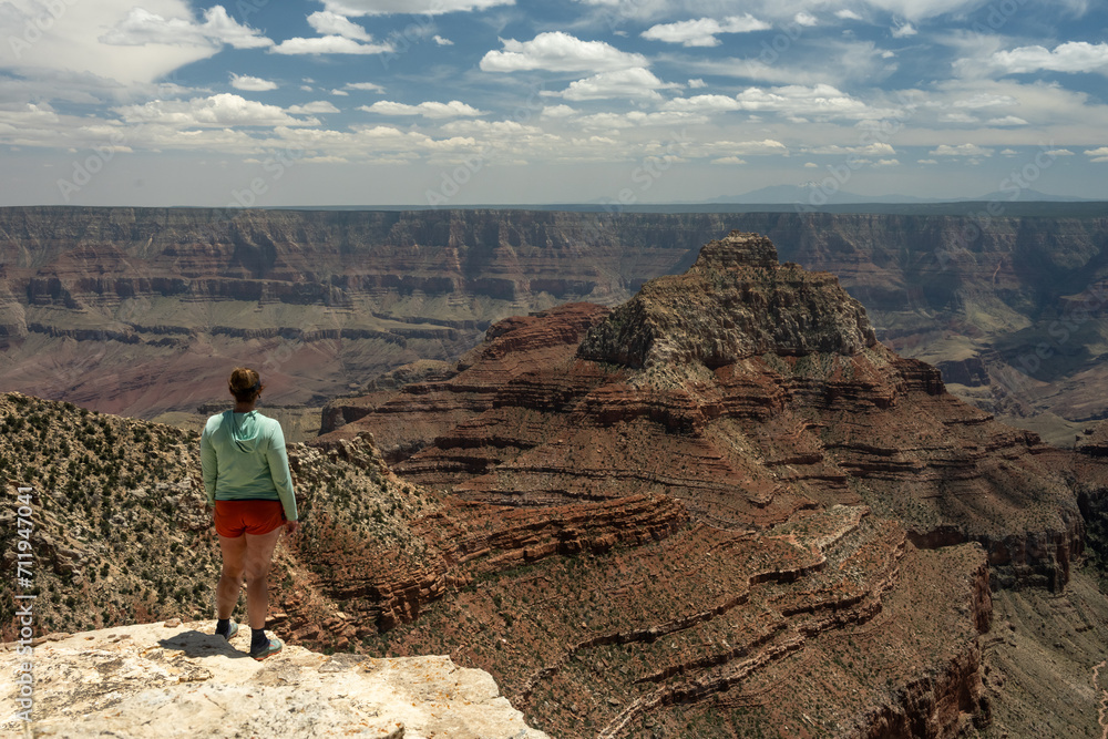 Woman Stands On The Edge And Looks Out Over The North Rim Of Grand Canyon