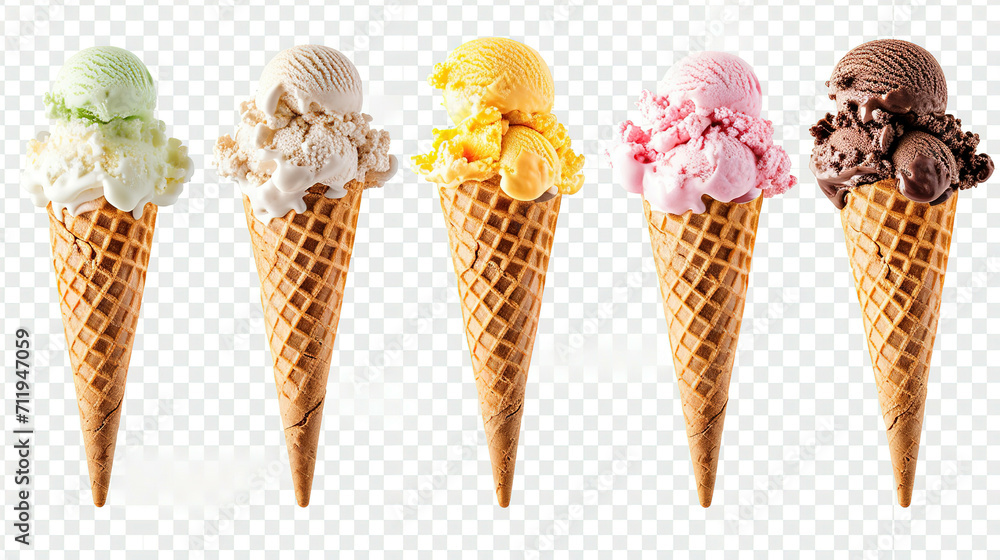 Ice cream scoop on waffle cone on transparent background cutout, PNG file. Many assorted different flavour Mockup template for artwork design Ice cream scoop on waffle cone on transparent background cutout, PNG file. Many assorted different flavour Mockup template for artwork design