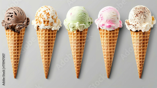 Ice cream scoop on waffle cone on transparent background cutout, PNG file. Many assorted different flavour Mockup template for artwork design