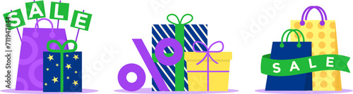 Sale sign at store shop bag, vector illustration. Retail gift with discount d...