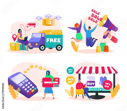 Sale for free delivery, business service for people order vector illustration. Online retail technology, man courier bring box to customer home concept. Express transportation at internet food shop.
