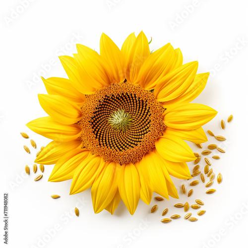 Ripe sunflower with yellow petals and dark middle, isolated on white background © bahija