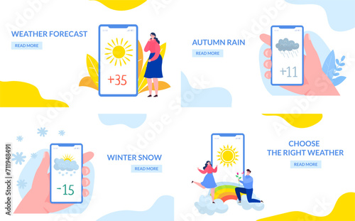 Weather app at flat website page, vector illustration. Season mobile application, cartoon landing banner. Man woman people character use mobile html homepage before walk outside.