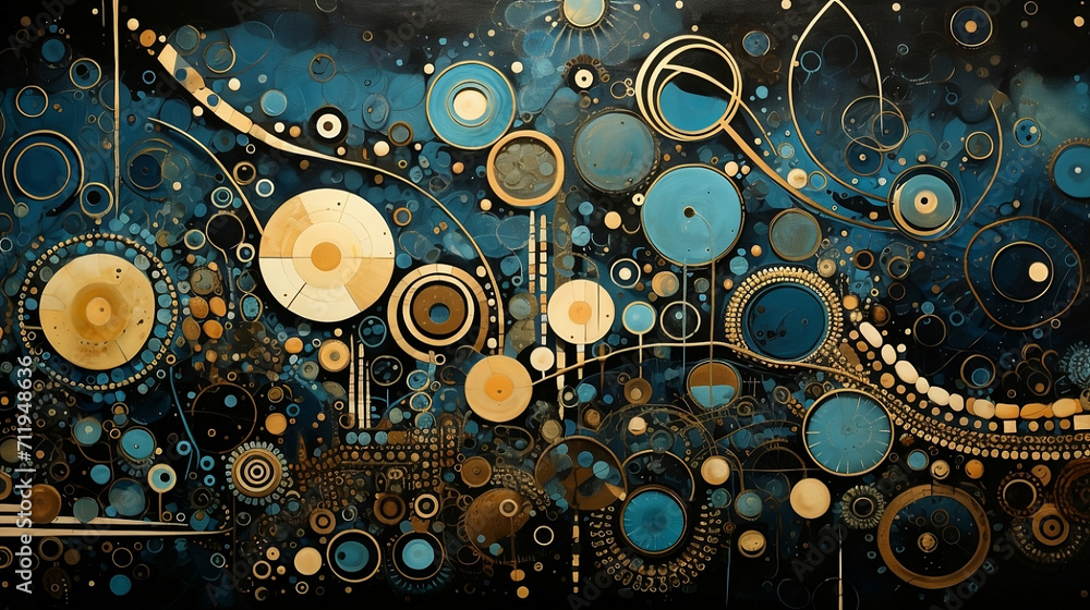 Various circles in black and blue colors, dark beige and teal, abstraction-création, mechanical whimsy