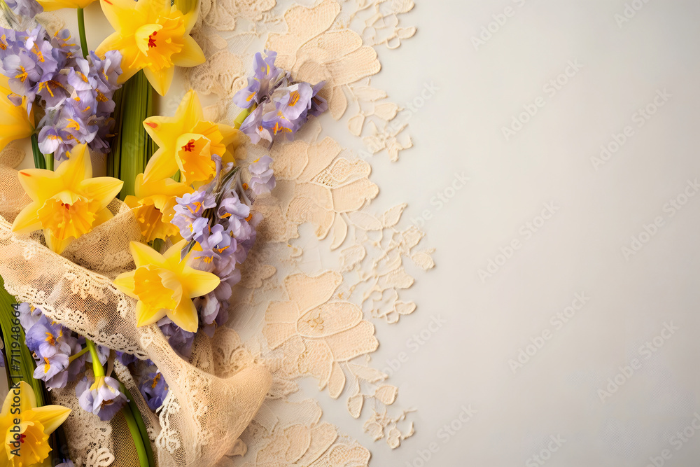 yellow daffodils and purple spring flowers lie on delicate lace, with space for text