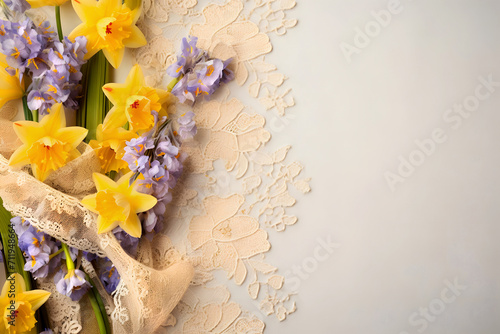 yellow daffodils and purple spring flowers lie on delicate lace, with space for text