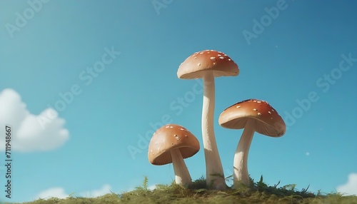 Two mushrooms closeup on a sky blue background with copy space 3d rendered 3d illustration created with generative ai