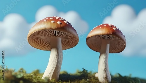 Two mushrooms closeup on a sky blue background with copy space 3d rendered 3d illustration created with generative ai