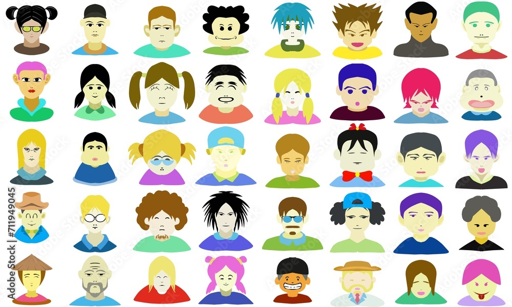 A flat set design illustration of various facial characters. Perfect for poster elements, books, stickers, comics, wallpapers, advertisements, banners A flat set design illustration of various facial characters. Perfect for poster elements, books, stickers, comics, wallpapers, advertisements, banners