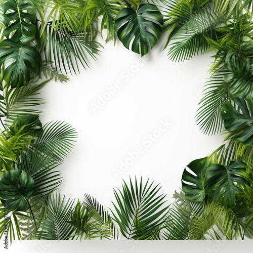 creative layout  green leaves with white square frame  flat lay  for advertising card or invitation