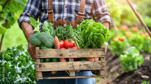 farmer holding wooden box full of fresh vegetables. harvesting season. basket with vegetables in the hands of a farmer background, healthy, organic, food, agriculture © pinkrabbit