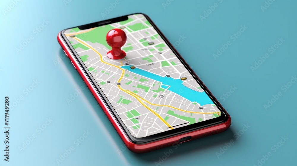 Smartphone with map, 3D Map pins, GPS, navigator pin checking points, 3D World Map icon, technology and application mobile smart phone with mobile, delivery tracking, transportation, generate by AI