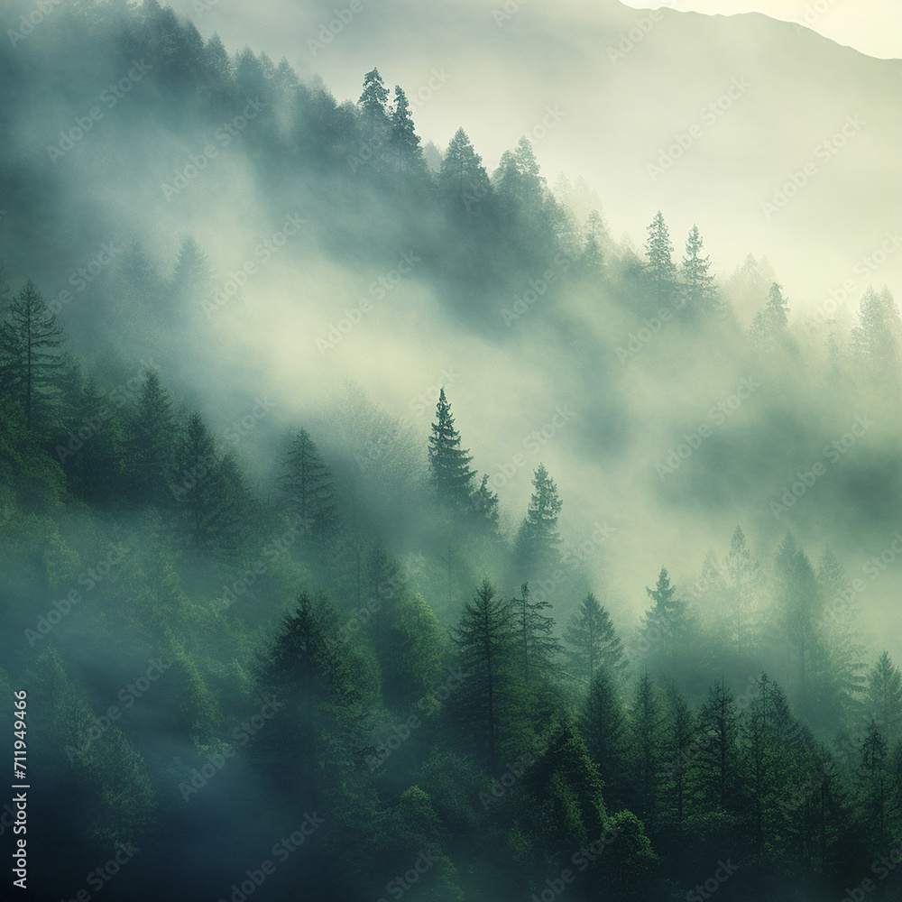 Misty landscape with fir forest in hipster vintage retro style - obrazy, fototapety, plakaty 