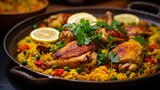 A macro shot of a Chicken Paella being served on a plate, focusing on the intricate details of the individual ingredients