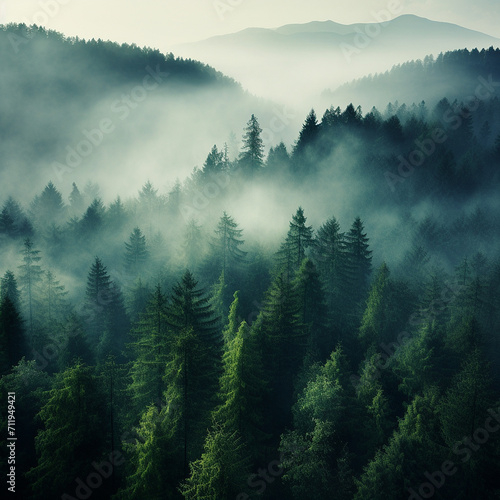 Misty landscape with fir forest in hipster vintage retro style © bahija