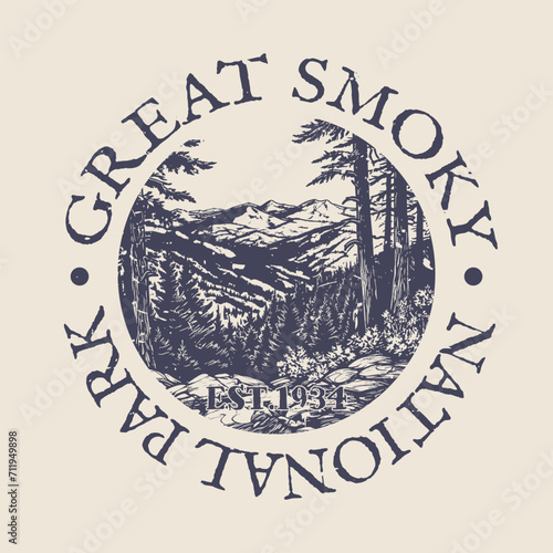 Great Smoky Mountains, North Carolina and Tennessee, United States Illustration Clip Art Design Shape. National Park Vintage Icon Vector Stamp.
