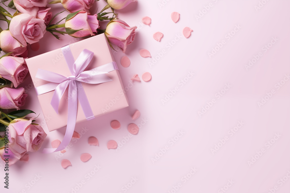 Gift box with ribbon and a bouquet of roses on soft pink background. Generate AI