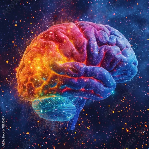 A human brain with rainbow colors and glitter, representing uniqueness, creativity and Autism. 