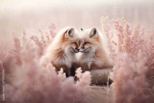 Two little red foxes cubs in love. Fox couple cuddling in soft pink grass. Concept of love, tenderness, Valentines Day. For banner, poster, postcard, wallpaper photo