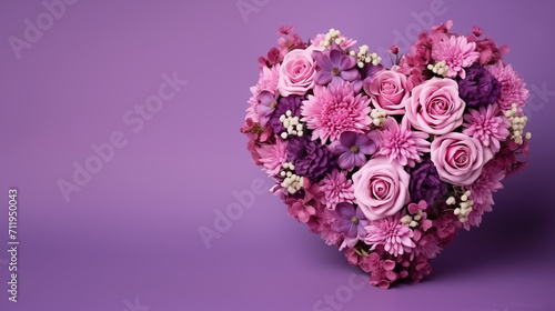 Beautiful bouquet of flowers in heart shape on purple background. Valentine's day, mother's day, women's Day background with space for text. Generate AI