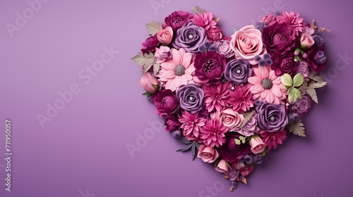 Beautiful bouquet of flowers in heart shape on purple background. Valentine's day, mother's day, women's Day background with space for text. Generate AI