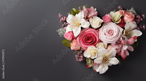 Top view arrangement of colorful flowers with heart shape placed on black background. Valentine's day, mother's day, women's Day background. Generate AI © Viktoriia