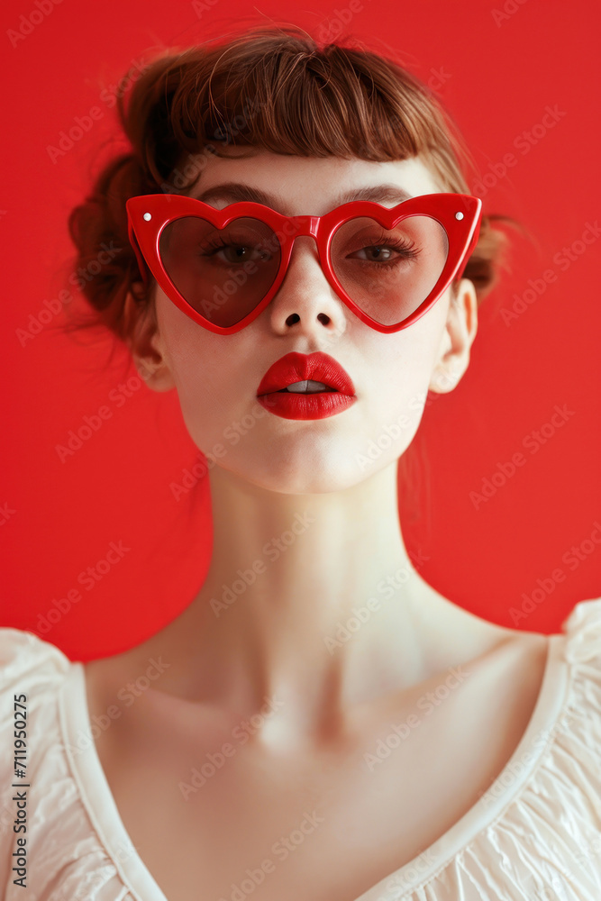 Closeup portrait of a young woman in heart shaped glasses on red background. Girl with stylish haircut and bright makeup. Fashion, beauty and Women's Day concept. Retro, 90s style Closeup portrait of a young woman in heart shaped glasses on red background. Girl with stylish haircut and bright makeup. Fashion, beauty and Women's Day concept. Retro, 90s style