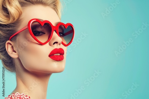 Closeup portrait of a pinup woman in heart shaped glasses with bright makeup on blue background. Vintage Hollywood style. Fashion, beauty and Women's Day concept. Retro, 90s style