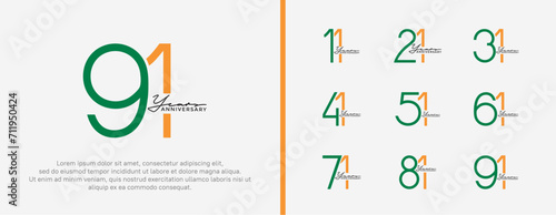 set of anniversary logo green and orange color on white background for celebration moment