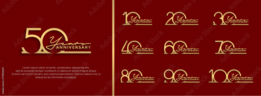 set of anniversary logo gold color on red background for celebration moment set of anniversary logo gold color on red background for celebration moment