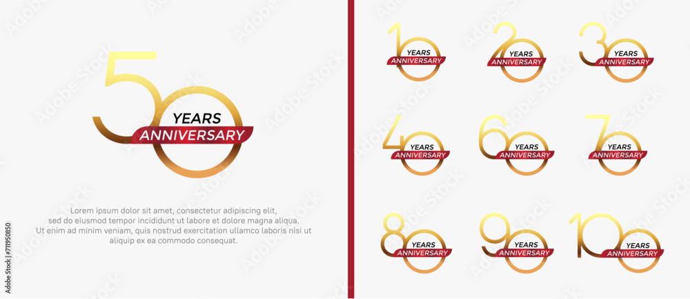 set of anniversary logo gold color and red ribbon on white background for celebration moment