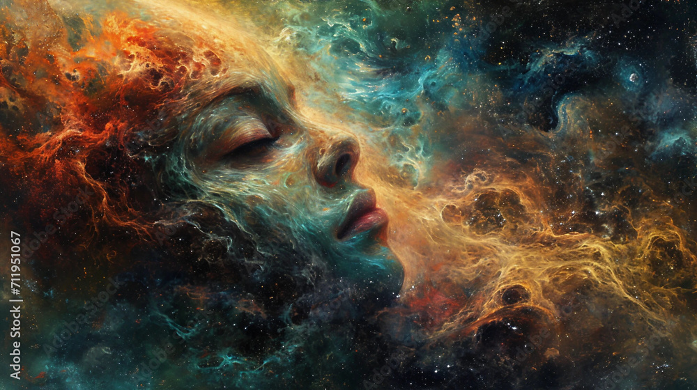 A Sleeping Woman's Face Surrounded by a Swirling Celestial Pattern A Sleeping Woman's Face Surrounded by a Swirling Celestial Pattern