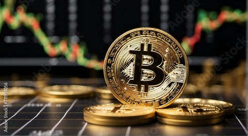 Bitcoin gold coin and defocused chart background, cryptocurrency bitcoin halving concept. The economic growth and basic financial investment business photo