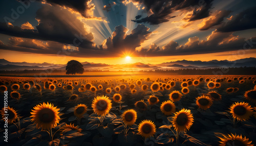 Golden sunset over sunflower field with majestic mountains